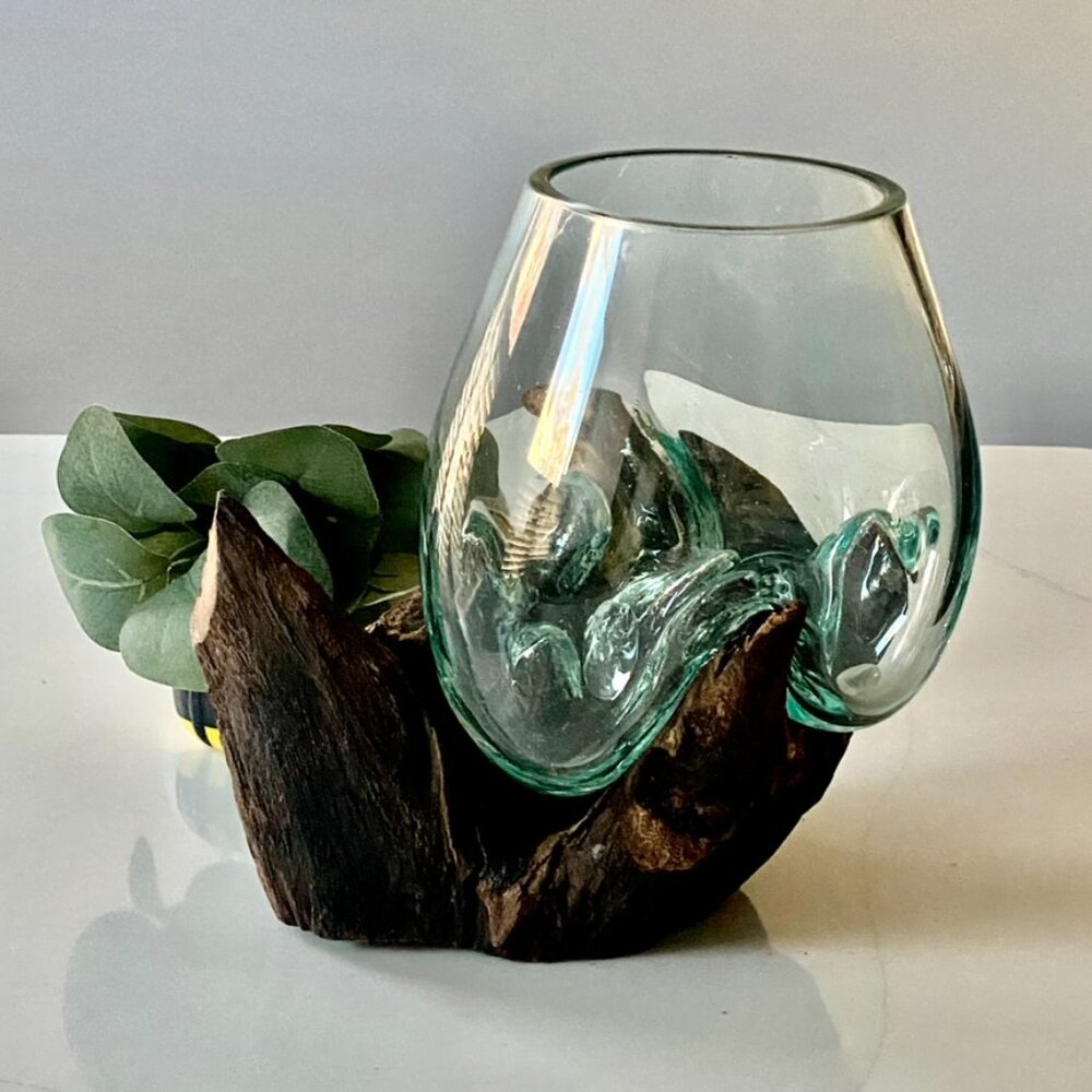 Handmade Art Glass Wood Vase Blown Molten Glass Bowl Teak Base Terrarium NEW - Picture 16 of 16